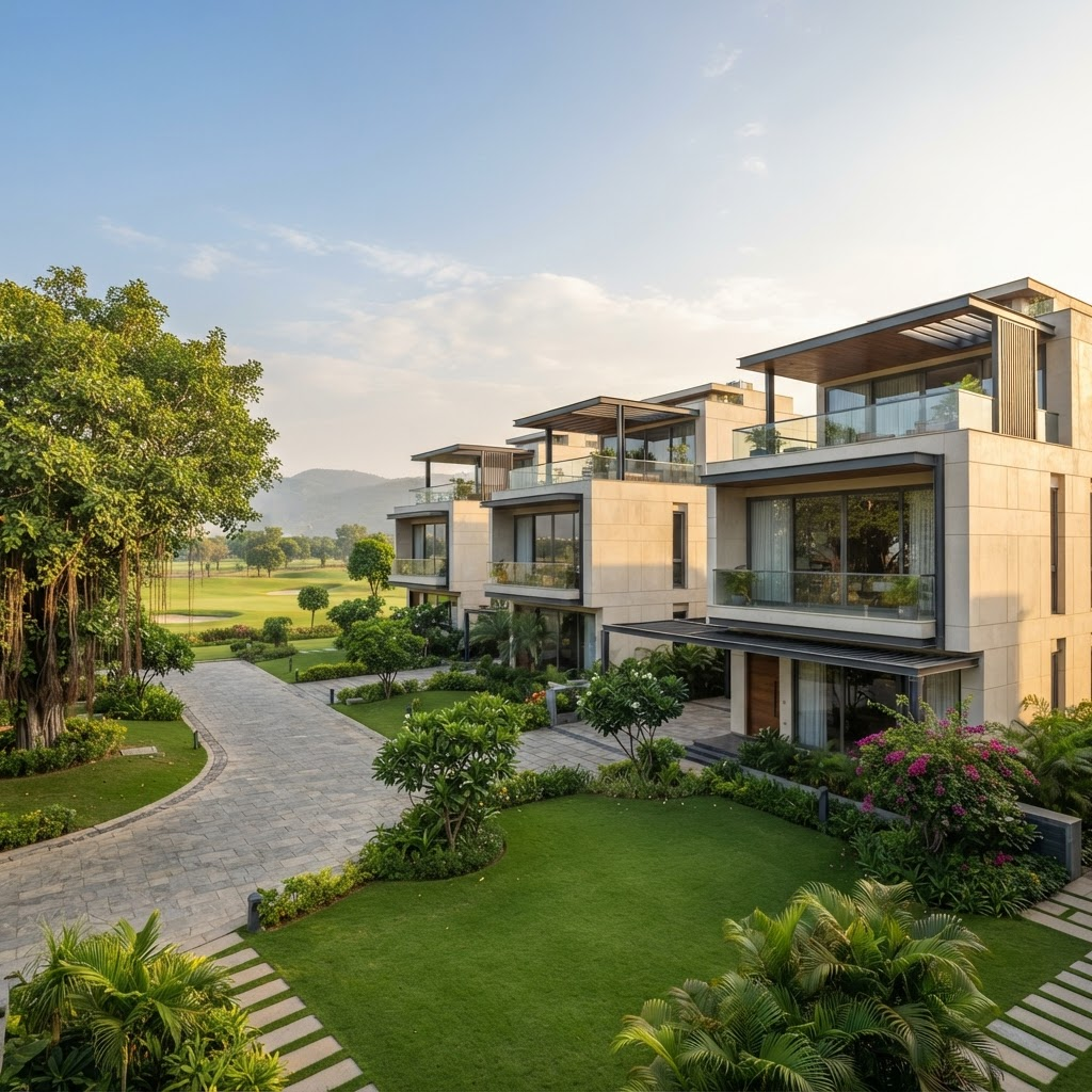 Contemporary home surrounded by greenery